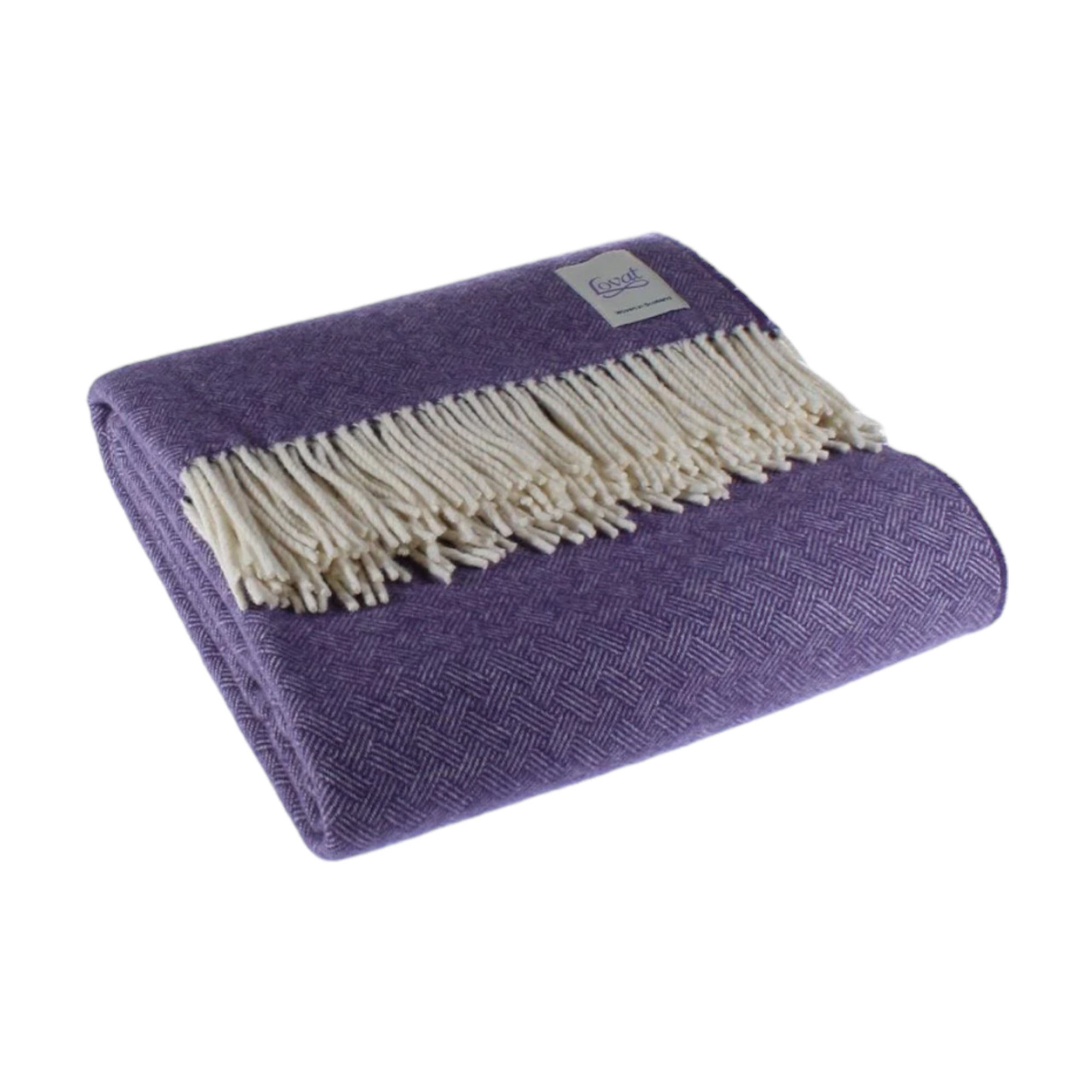 A folded heather purple wool blanket with a diamond border pattern and fringe.