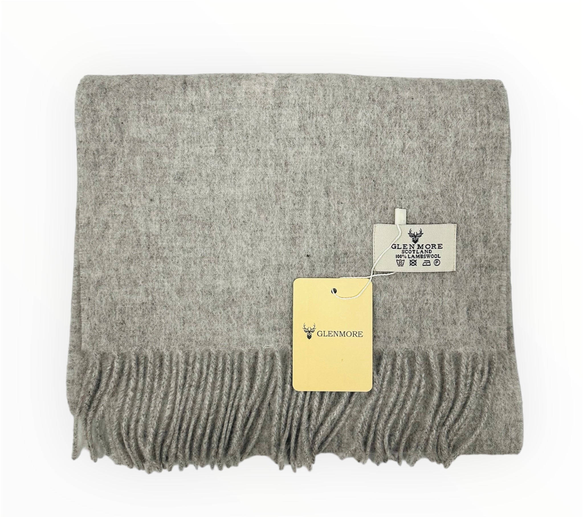 A gray lambswool scarf with fringes, displayed flat with brand tags visible.