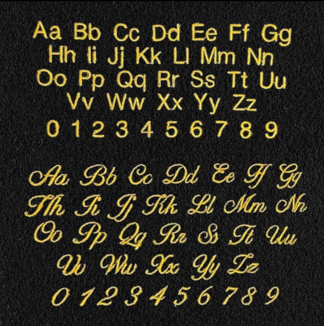 An example of the fonts we offer for embroidery. Block font and fancy font.