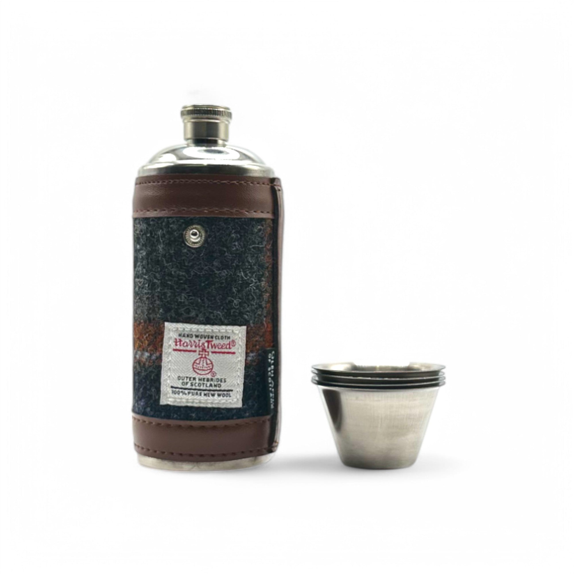 Harris Tweed Compact Hunting Flask - Grey/Orange - 8oz