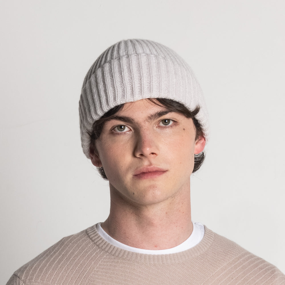 100% Cashmere Ribbed Beanie - Silver Salt