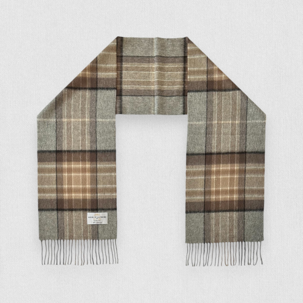 A MacKellar 100% lambswool tartan scarf displayed on a plain background, showcasing a checkered pattern with brown and grey tones/