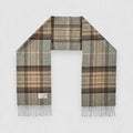 A MacKellar 100% lambswool tartan scarf displayed on a plain background, showcasing a checkered pattern with brown and grey tones/