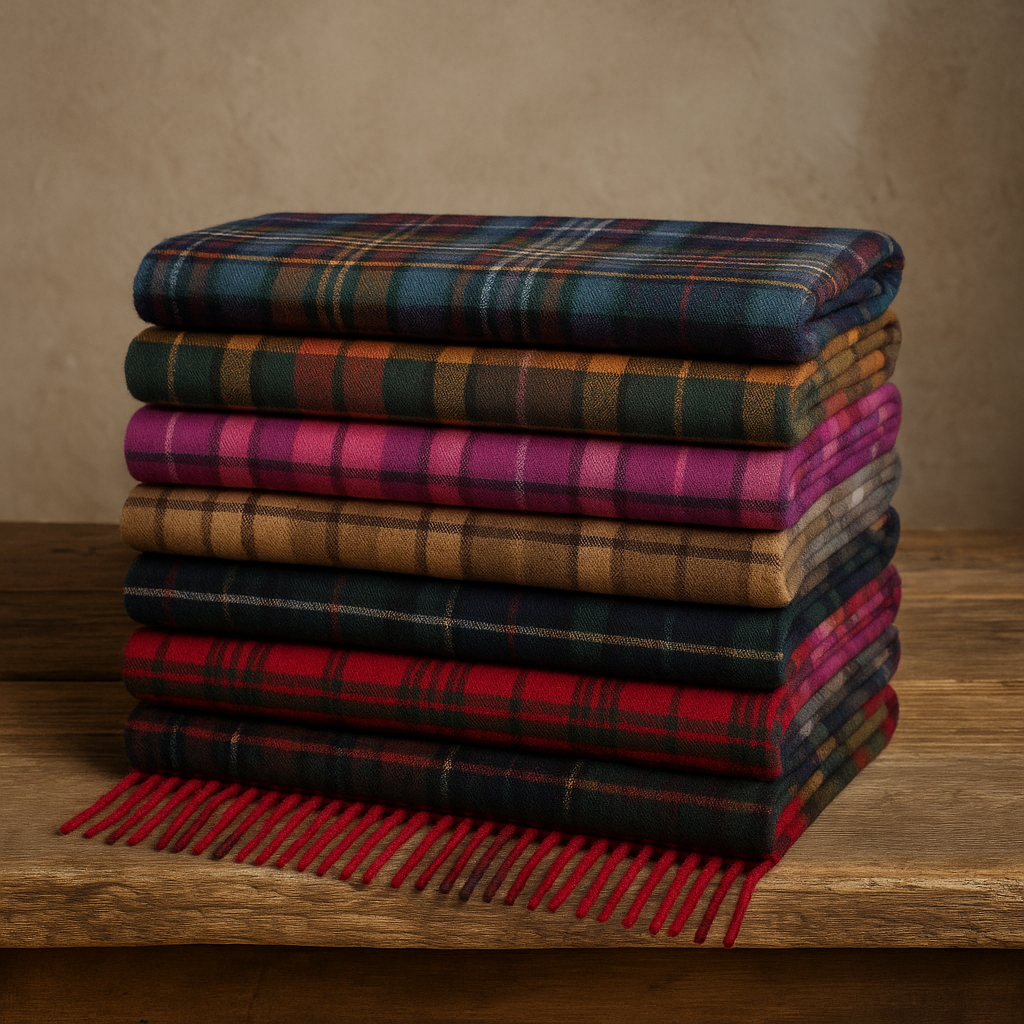 Stack of tartan scarfs in various colors on a wooden surface with a neutral background