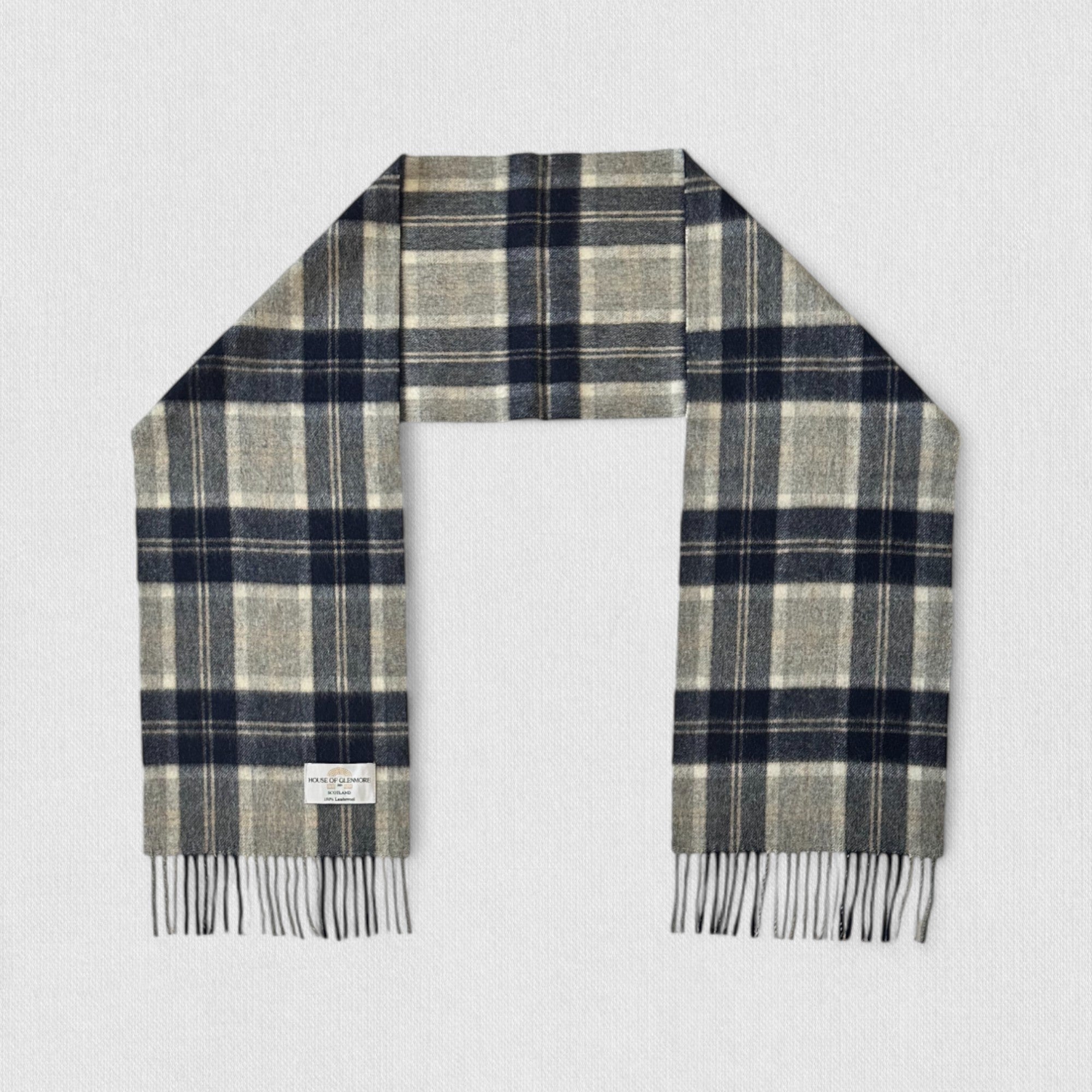 A Silver Bannockbane tartan scarf with a pattern of dark grey and light grey lines, with white and subtle black accents, displayed flat.